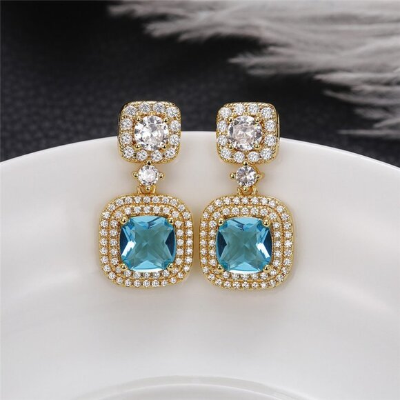 Blue Rhinestone Crystal Drop Earring for women Bridal CZ Gold Plated, HA4515 - Picture 2 of 4